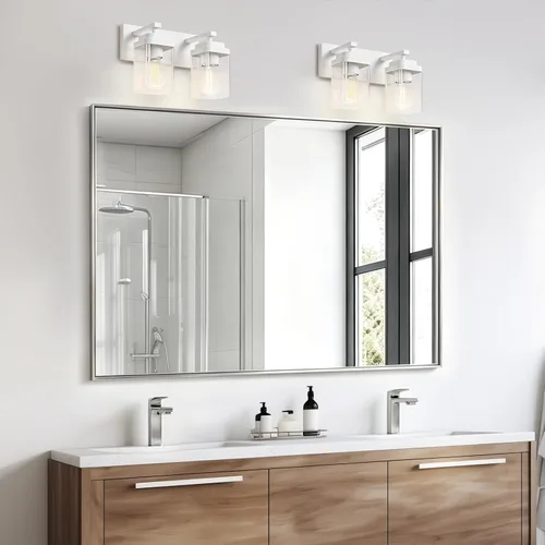 Vista 5 de Lámparas blancas para baño, 2 luces de baño, accesorios de iluminación sobre el espejo, diseño cuadrado y placa trasera grande rectangular