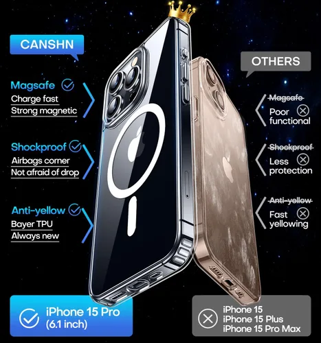 Vista 2 de CANSHN Funda magnética transparente compatible con iPhone 15 Pro [Compatible con Magsafe] [No amarillea] Funda protectora delgada y fina a prueba