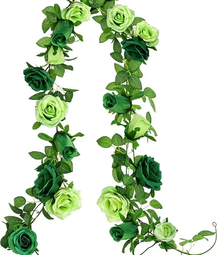 Vista 12 de GREENTIME - Guirnalda de flores artificiales 2 unidades, 4 metros de vid de rosas falsas, 9 cabezas de rosas, para arco de boda, centro de mesa