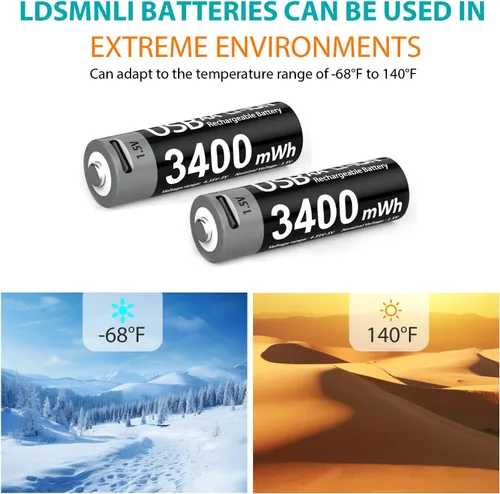 Vista 4 de Paquete de 4 baterías de litio recargables AA con cable de carga USB-C, 1000 ciclos, 1.5 V, 3400 mWh, baterías dobles A