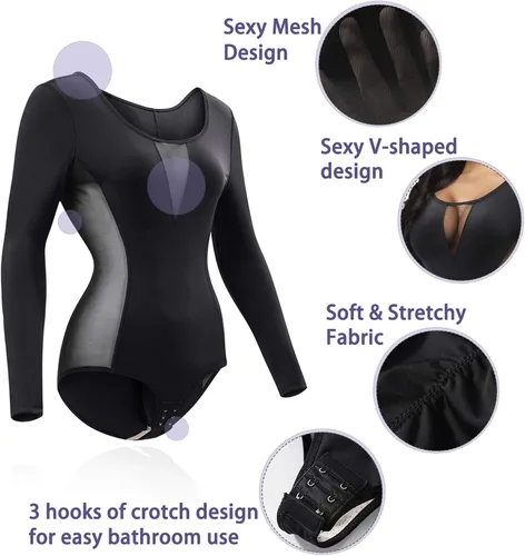 Vista 5 de Eleady Body de manga larga para mujer overol ajustado camiseta básica leotardo con control de abdomen y cintura