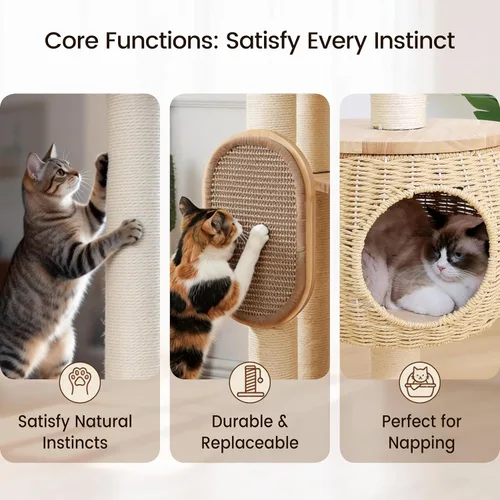 Vista 4 de Árbol de gato moderno, torre para gatos con poste rascador, nidos y cestas de calabaza tejidas a mano, manta de sisal