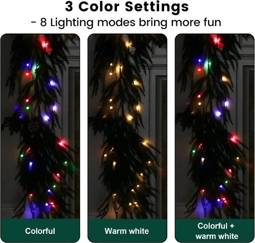 Vista 4 de Guirnalda de Navidad de pino Norfolk preiluminada de 6 pies con luces LED y control remoto – Guirnalda iluminada a pilas para repisa de chimenea