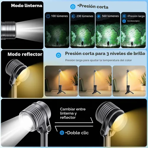 Vista 4 de Linterna AsFrost de 2 en 1 para acampar, lámpara doble con rotación de 180°, 8 modos, recargable, LED, luz brillante, linterna de campamento, luz