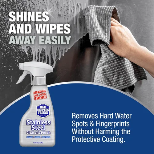 Vista 4 de Bar Keepers Friend Limpiador de acero inoxidable y espray de pulido (2 x 16 onzas) elimina huellas dactilares grasas, manchas de agua dura, suciedad