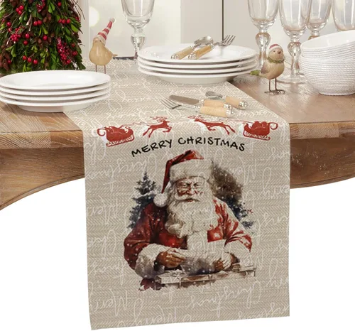 Vista 2 de Camino de mesa navideño de Papá Noel de 36 pulgadas de largo, algodón y lino, bufandas de arpillera, cocina, cena, cafetería, decoración de mesa