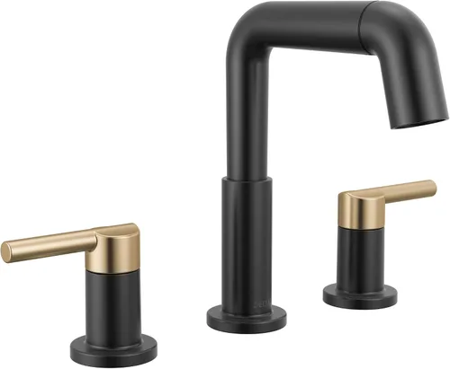 Vista 9 de Delta Nicoli - Grifo de baño de oro cepillado con rociador, grifo de fregadero de baño de 8 pulgadas con 3 agujeros y rociador extraíble, desagüe