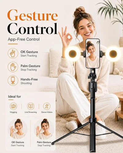 Vista 6 de UBeesize 71" Vlogging Kit, Face Tracking Tripod, Desk Stand, Mics & Light Supports Phones & Cameras,360°Auto Follow,Floor-to-Desk Setup with Remote