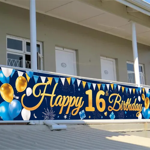 Vista 6 de Pancarta Grande de Telón de Fondo Feliz Cumpleaños 16 Azul Dorado, Cartel de Cumpleaños 16, Suministros de Decoración de Fiesta de 16 Años