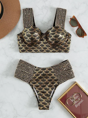 Vista 3 de WDIRARA Conjunto de bikini de 2 piezas con estampado metálico y tirantes anchos para mujer
