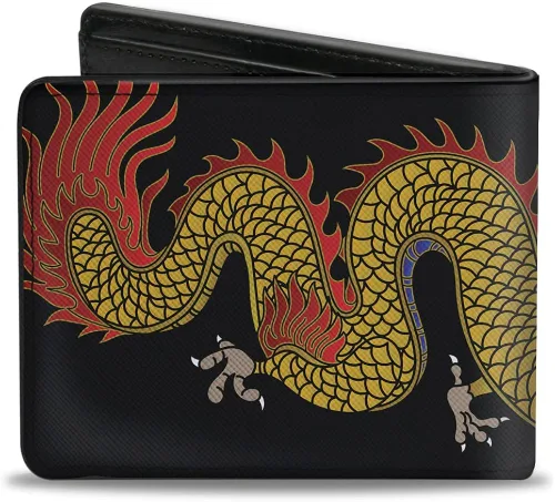 Vista 2 de Billetera Bifold PU Dragón de Cierre Negro Oro Rojos Azul