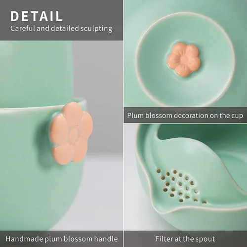Vista 5 de HEER Travel Gaiwan - Juego de té para uno, juego de tazas de tetera portátil de porcelana, diseño de flor de ciruelo, regalo para mujeres (azul)