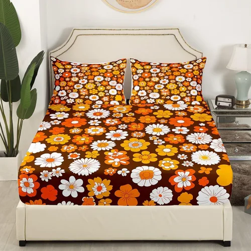 Vista 4 de Feelyou Juego de sábanas Groovy de los años 60 y 70 para niños, diseño retro de flores hippie con bolsillo profundo, sábana bajera vintage, bohemio