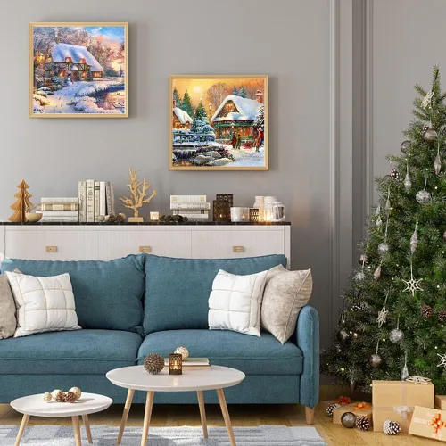 Vista 6 de wifreo Pintura de diamante 5D con escena de nieve navideña, kit de pintura de diamantes por números para adultos y niños, bordado redondo de punto