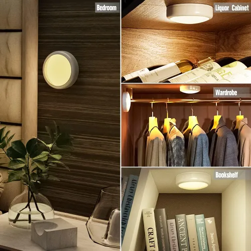 Vista 5 de HELPLEX - Luces LED de disco con control remoto, paquete de 3 luces adhesivas de color intercambiable RGBW, con pilas, iluminación regulable debajo