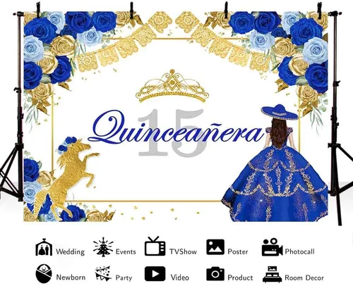 Vista 2 de AIBIIN Fondo de quinceañera azul de 7 x 5 pies para quinceañera para cumpleaños de 15 años, telón de fondo de fiesta mexicana, corona de rosa