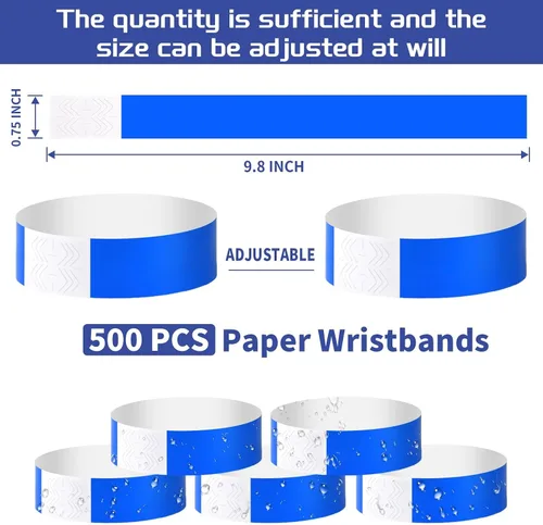 Vista 2 de 500 pulseras de papel azul para eventos, impermeables, de neón, pulseras adhesivas de identificación de conciertos, bandas de mano para eventos