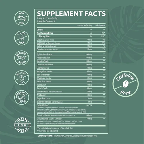 Vista 7 de Nutrition Daily Super Greens & Electrolytes Powder - Salud intestinal, hidratación, energía y alivio de la hinchazón - Espirulina, clorella, pre