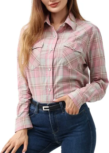 Vista 13 de PASHARTUK Camisas occidentales para mujer, camisas de manga larga de algodón para mujer con botones a presión, camisas a cuadros para mujer Beige