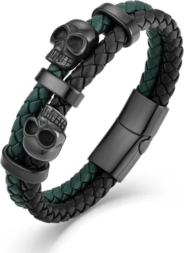 Vista 10 de Pulsera de Cuero de Doble Fila con Calavera para Hombre, Pulsera Trenzada con Calavera Negra o Plateada para Hombre, Joyería Punk Masculina