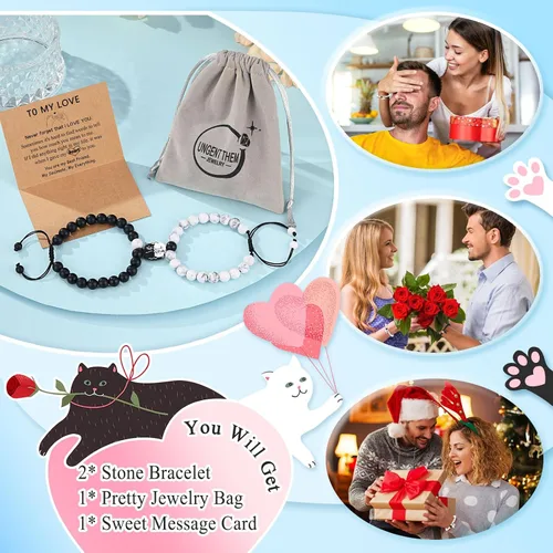 Vista 6 de UNGENT THEM Pulseras a juego con diseño de gato lindo para parejas, regalo de Navidad, aniversario, cumpleaños, "I Love You", para mujeres y hombres