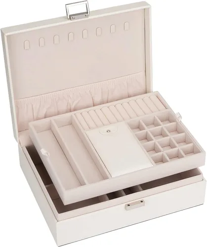 Vista 7 de Caja organizadora de joyas para niñas y mujeres, estuche de viaje grande de doble capa con caja de regalocolor blanco