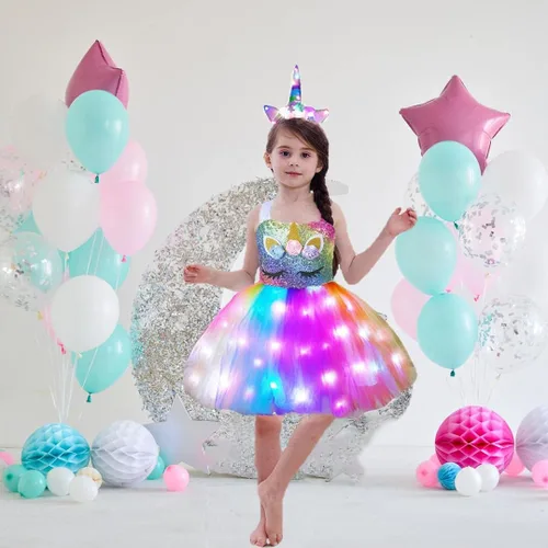 Vista 2 de bDDeDD Disfraces de unicornio iluminados, vestido de unicornio de lentejuelas, vestido de princesa TuTuTu, traje de fiesta de cumpleaños, Halloween