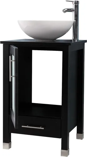 Vista 4 de Mueble de baño de 20 pulgadas con lavabo combinado, fregadero de cerámica circular blanca (negro)