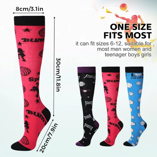 Vista 3 de Vicenpal 3 pares de calcetines altos de voleibol para mujer, novedosos calcetines deportivos divertidos hasta la rodilla, regalos para amantes