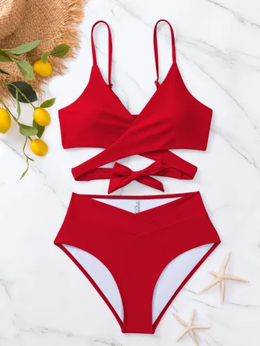 Vista 4 de Fanuerg Conjunto de bikini de cintura alta para mujer, traje de baño de dos piezas con corte en V