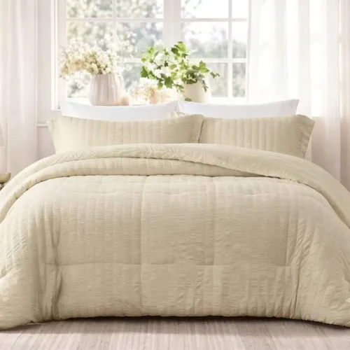 Vista 16 de Quataly - Juego de edredón Seersucker tamaño Twin/Twin XL en color blanco; juego de cama de 2 piezas que incluye 1 edredón suave y esponjoso y 1
