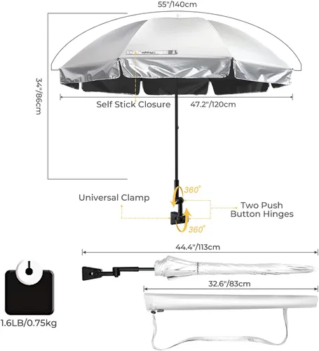 Vista 2 de Prospo Sombrilla para silla de playa con abrazadera ajustable universal, protección UV, sombrilla para exteriores, cochecitos, sillas de ruedas