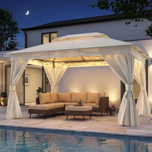 Vista 15 de LAUSAINT HOME - Cenador para exteriores de 8 x 8 pulgadas con cortinas Caqui