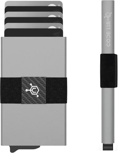 Vista 23 de CODE 118 Billetera – Billetera inteligente automática premium, bloqueo RFID, billetera de metal minimalista emergente para hombres, aluminio de 24K