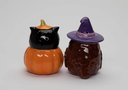 Vista 4 de Juego de salero y pimentero de cerámica fina para Halloween, búho bruja y calabaza, 2-7/8 pulgadas de alto