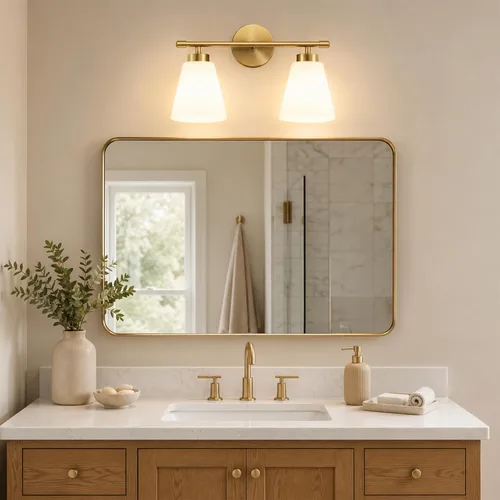 Vista 5 de Hamilyeah Lámpara de tocador de baño dorada con pantalla de vidrio esmerilado, 2 lámparas de tocador sobre espejo, 2 lámparas de pared para baño