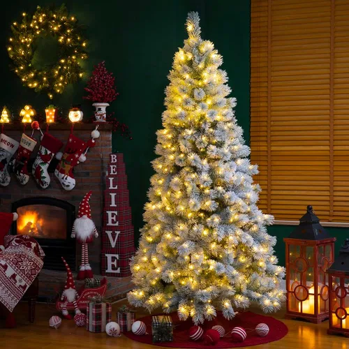 Vista 13 de Glitzhome - Árbol de Navidad artificial delgado preiluminado de 2.4 m, con ramas de pino Aspen Frostfall, soporte plegable de metal, 500 luces Aspen