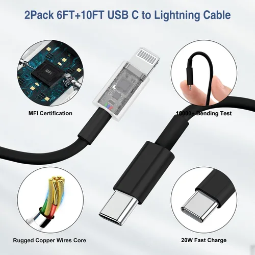 Vista 4 de Essri Cargador Rápido para iPhone 14 13 12 Carga Rápida, Paquete de 2 de 6FT+10FT Cable USB C a Lightning con 20W USB C para Bloque Cargador iPhone