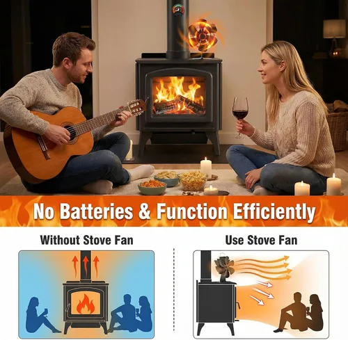 Vista 5 de XTIMES Ventilador de estufa de leña oscilante, ventilador de chimenea con termómetro magnético, ventilador termoeléctrico para estufa