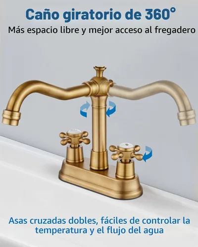 Vista 2 de Aolemi Grifo de lavabo de baño de 4 pulgadas, estilo vintage, 2 asas cruzadas, grifo mezclador para caravana, lavabo, lavabo, 3 agujeros, incluye