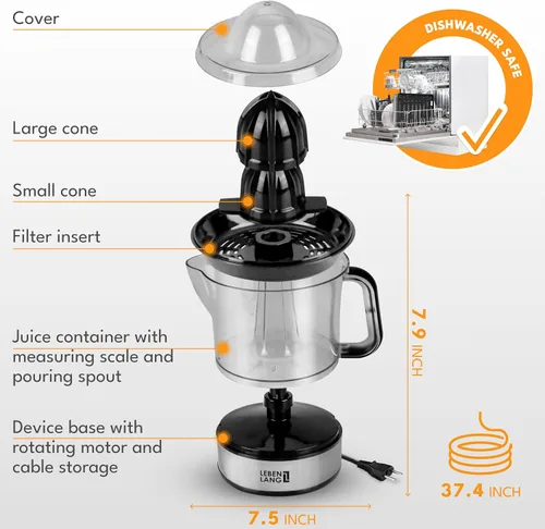 Vista 7 de LEBENLANG Exprimidor de cítricos eléctrico - 2 conos y libre de BPA Alto rendimiento de jugo y gran volumen Exprimidor de jugo de naranja