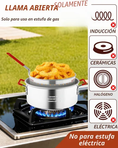 Vista 3 de Freidora de pescado 10QT con canasta, tapa y pinzas, olla de aluminio Olla con termómetro, para pescado, alas de pollo y papas fritas, solo llama