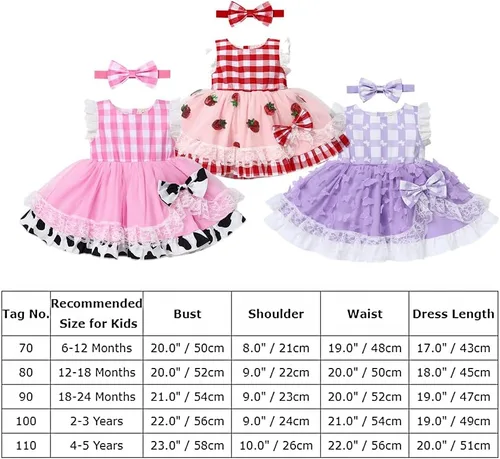 Vista 7 de IDOPIP Baby Girls Gingham Tutu Dress Sequin Strawberry Cow Print Princess Birthday Party Dresses with Headband 2PCS Outfit