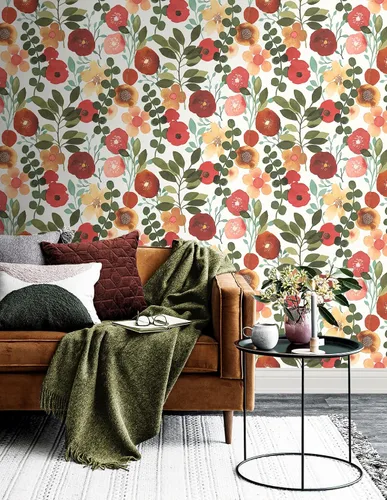 Vista 2 de NextWall Garden Dance Floral - Papel tapiz autoadhesivo (rubí y verde cazador)