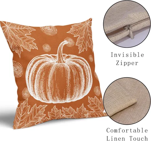 Vista 4 de Juego de 2 fundas de almohada de otoño naranja quemado de 18 x 18 pulgadas, diseño de calabaza blanca y hojas de arce con temática otoñal, almohadas