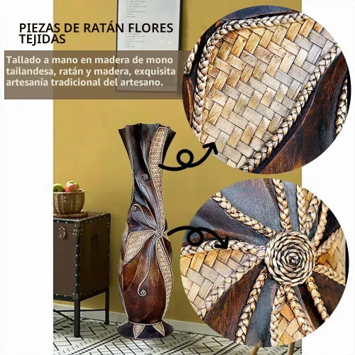 Vista 3 de Jarrón alto de suelo de 24 pulgadas, diseño hecho a mano, grandes jarrones decorativos de madera marrón con tiras de bambú tejidas, jarrón