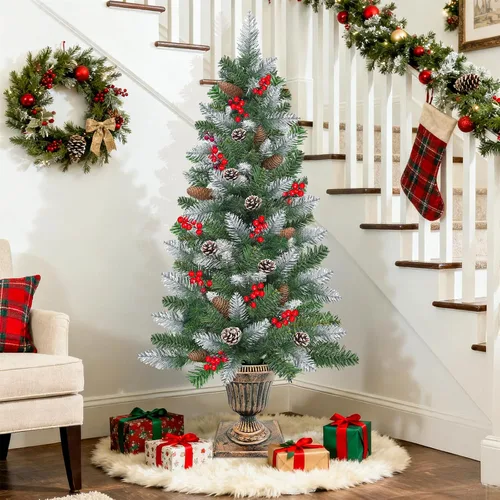 Vista 6 de Paquete de 2 árboles de entrada de Navidad nevados para exteriores de 4 pies en base de maceta con temporizador remoto, 80 luces blancas cálidas