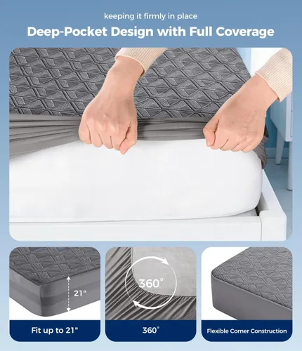 Vista 4 de Protector de colchón impermeable tamaño individual, suave y transpirable con bolsillo profundo de 8 a 21 pulgadas, funda de colchón refrescante