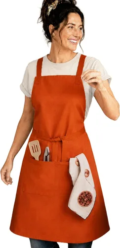 Vista 11 de Delantal de cocina 100% algodón con 2 bolsillos, delantal de chef ajustable para cocinar, hornear barbacoa, delantal unisex