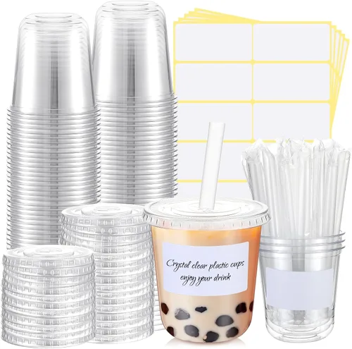 Vista 11 de Ziliny 25 juegos de vasos de plástico transparente con tapas, pajitas y pegatinas, vasos desechables de PET engrosado para café helado, té